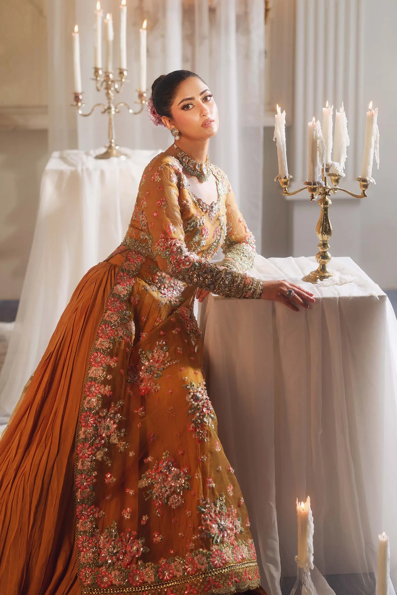Maryam Hussain Wedding Collection 25 Champagne Gold Cotton Silk – view 4 – Poshaq