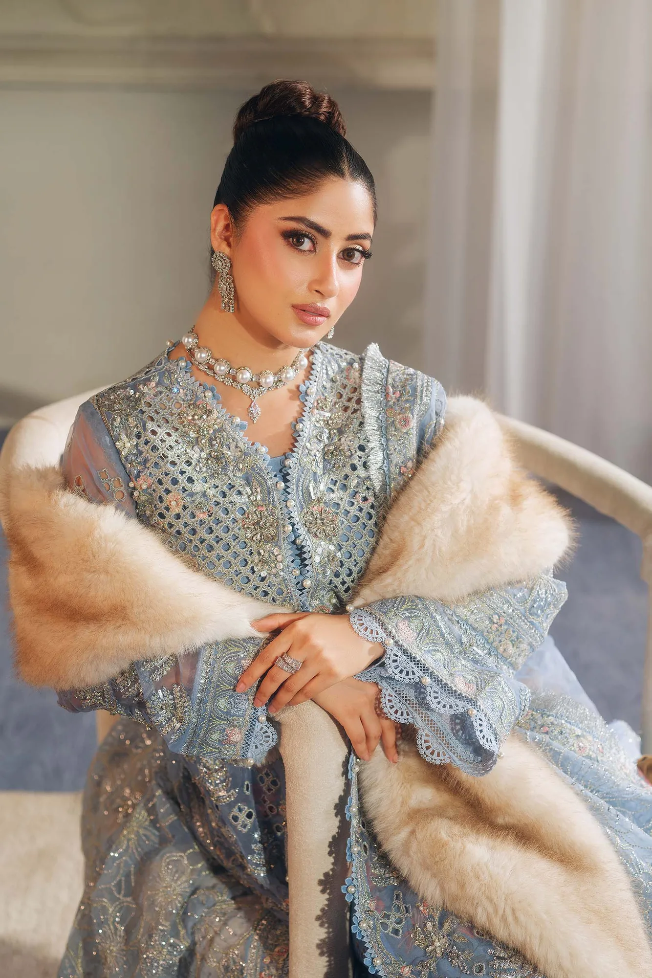 Maryam Hussain Wedding Collection 25 Light Blue Cotton Silk – view 3 – Poshaq