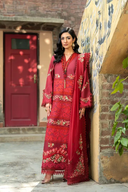 Maryam Hussain Luxury Lawn 25 Deep Red Organza – view 1 – Poshaq