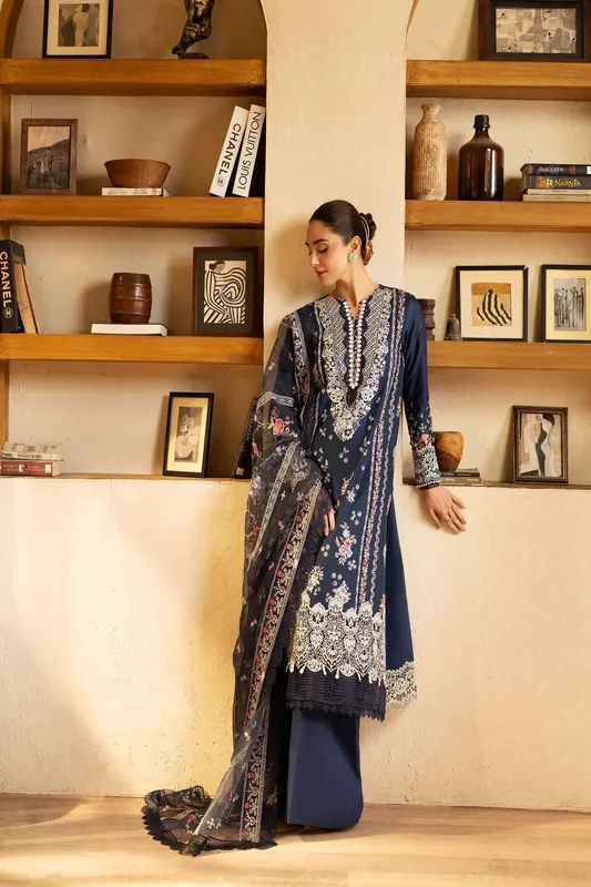 Maryam Hussain Luxury Lawn 25 Navy Organza – view 1 – Poshaq
