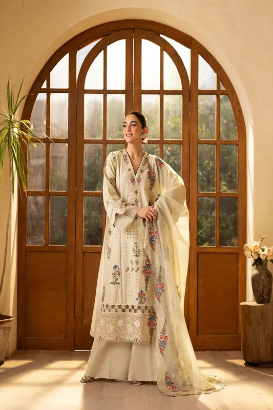 Maryam Hussain Luxury Lawn 25 Cream Organza – view 1 – Poshaq