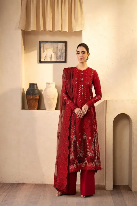 Maryam Hussain Luxury Lawn 25 Blood Red Organza – view 1 – Poshaq
