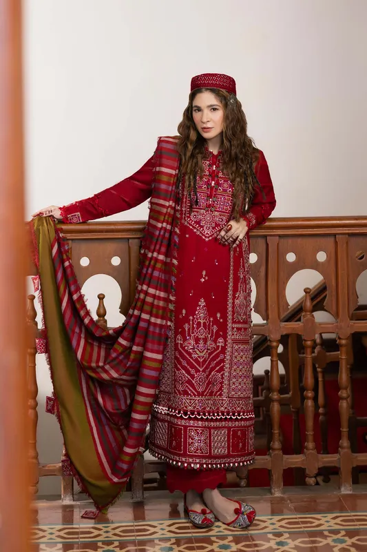 Maryam Hussain Silk Edit Blood Red Jacquard – view 1 – Poshaq
