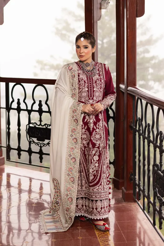 Maryam Hussain Silk Edit Maroon Khaddar – view 1 – Poshaq