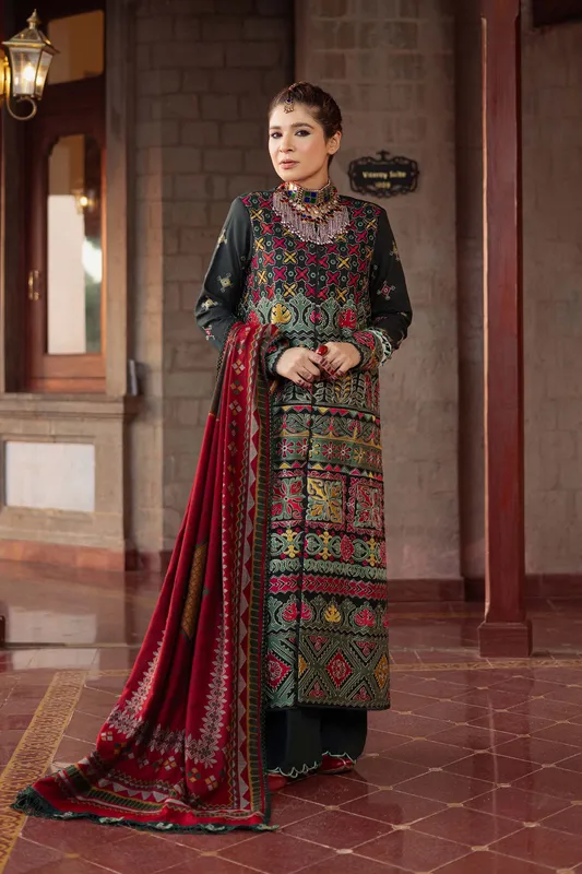 Maryam Hussain Silk Edit Army Green Jacquard – view 1 – Poshaq