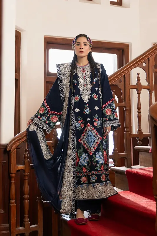Maryam Hussain Silk Edit Navy Blue Khaddar – view 1 – Poshaq