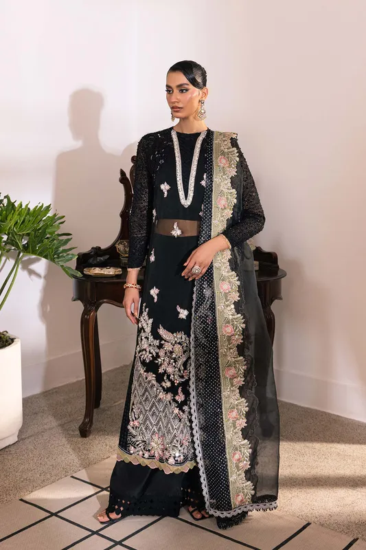 Maryam Hussain Marwa Luxury Formals 24 Black Cotton Silk – view 1 – Poshaq