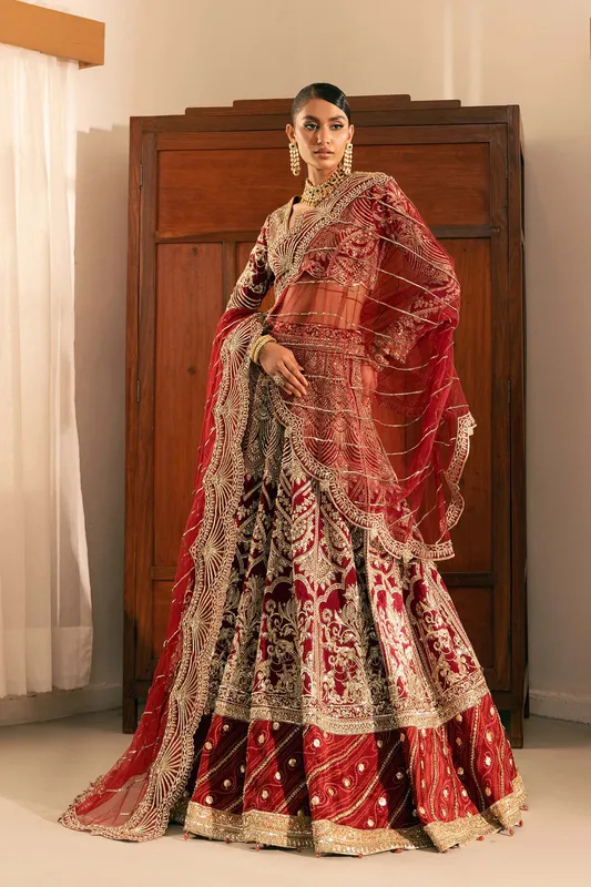 Maryam Hussain Marwa Luxury Formals 24 maroon Raw Silk – view 1 – Poshaq