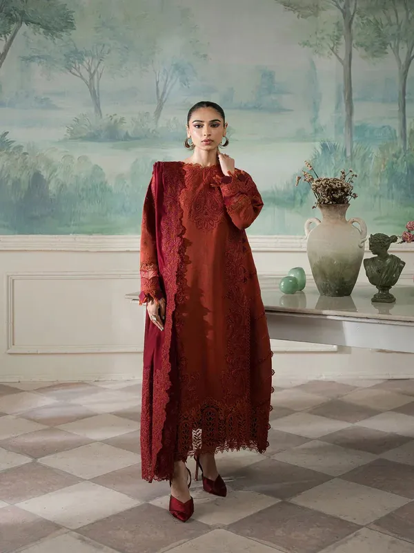 Maryam Hussain Laani Luxury Pret Maroon Khaddar – view 1 – Poshaq