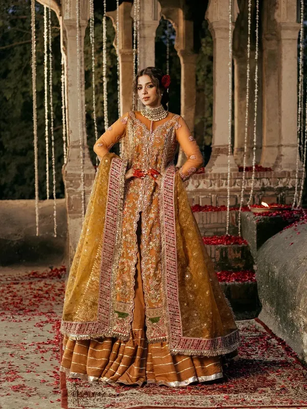Maryam Hussain Gulaab Wedding Formals 24 Mustard Raw Silk – view 1 – Poshaq