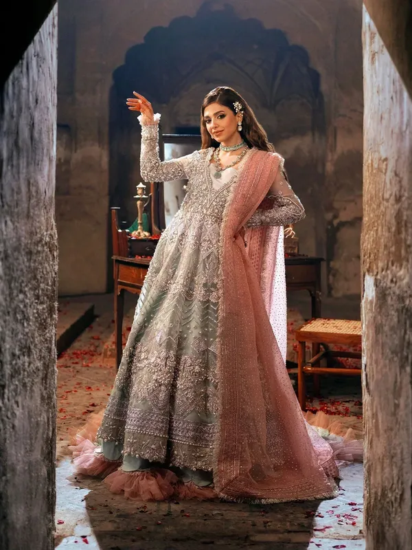 Maryam Hussain Gulaab Wedding Formals 24 Blue Raw Silk – view 1 – Poshaq