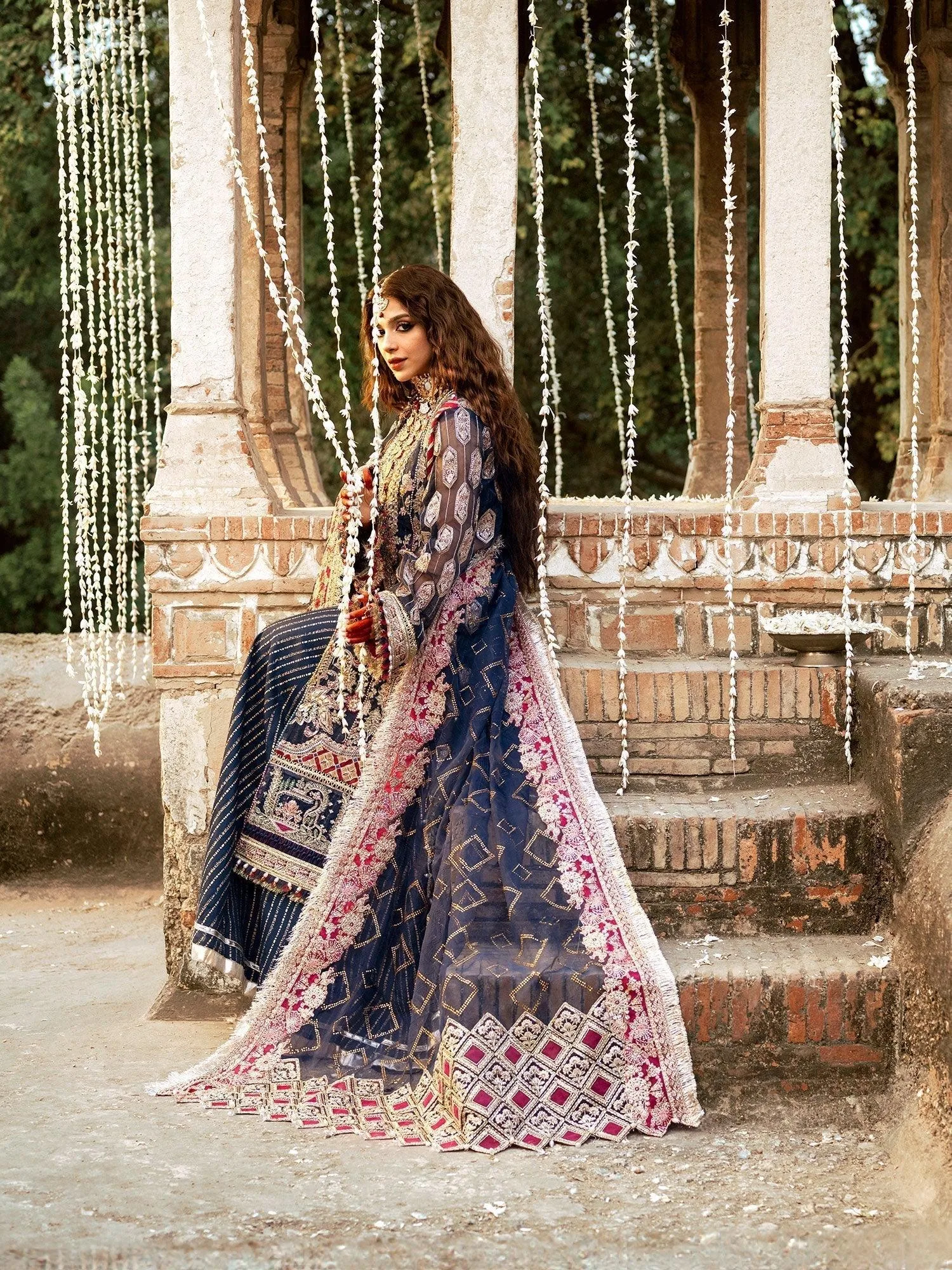 Maryam Hussain Gulaab Wedding Formals 24 Blue Raw Silk – view 3 – Poshaq