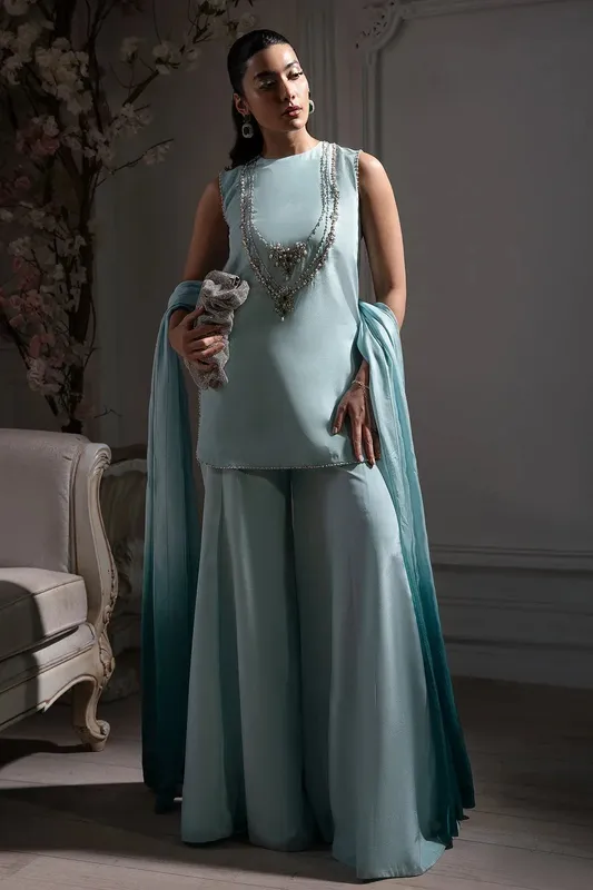Mina Kashif Emilie Formals Ice Blue Silk – view 1 – Poshaq