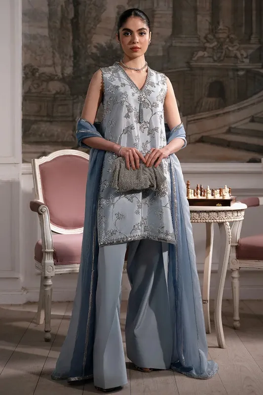 Mina Kashif Emilie Formals Ice Blue Silk – view 1 – Poshaq