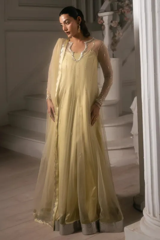 Mina Kashif Emilie Formals Lemon Yellow Net – view 1 – Poshaq
