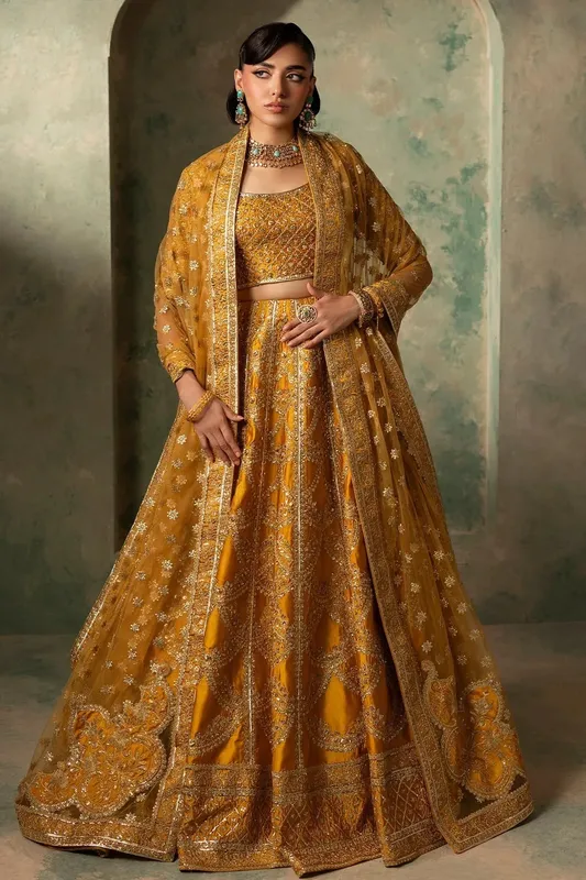 Mina Kashif Noor Jahan Wedding Formals Mustard Net – view 1 – Poshaq