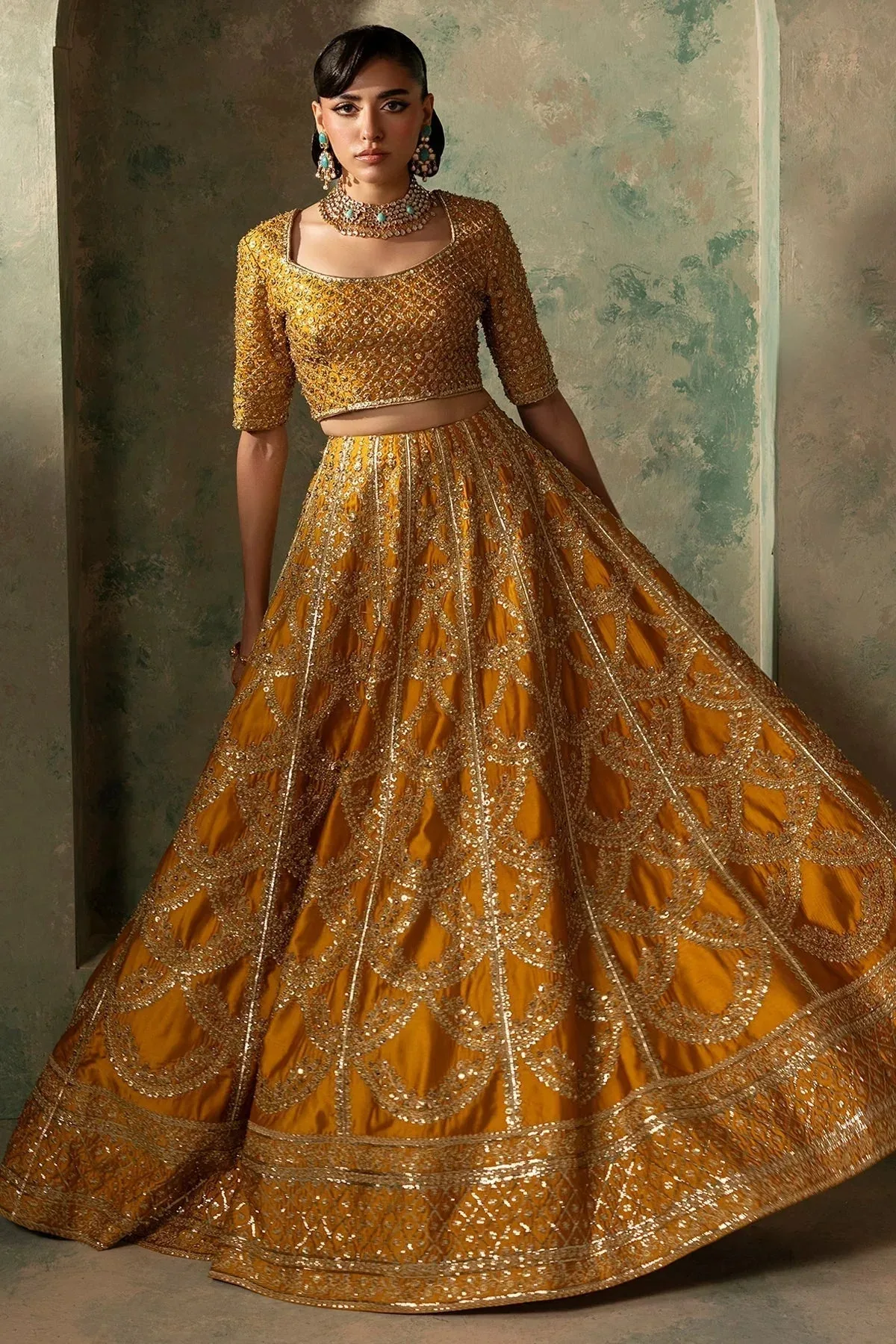 Mina Kashif Noor Jahan Wedding Formals Mustard Net – view 5 – Poshaq