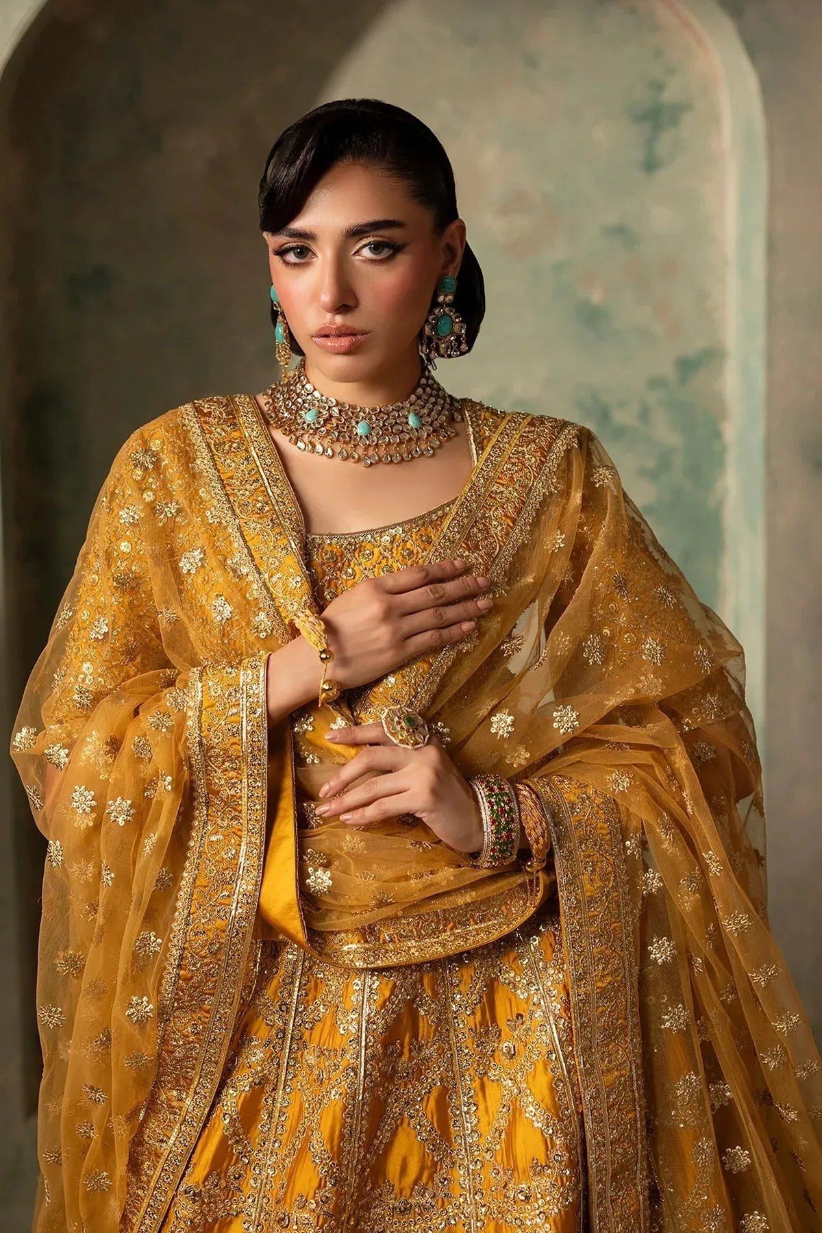 Mina Kashif Noor Jahan Wedding Formals Mustard Net – view 7 – Poshaq