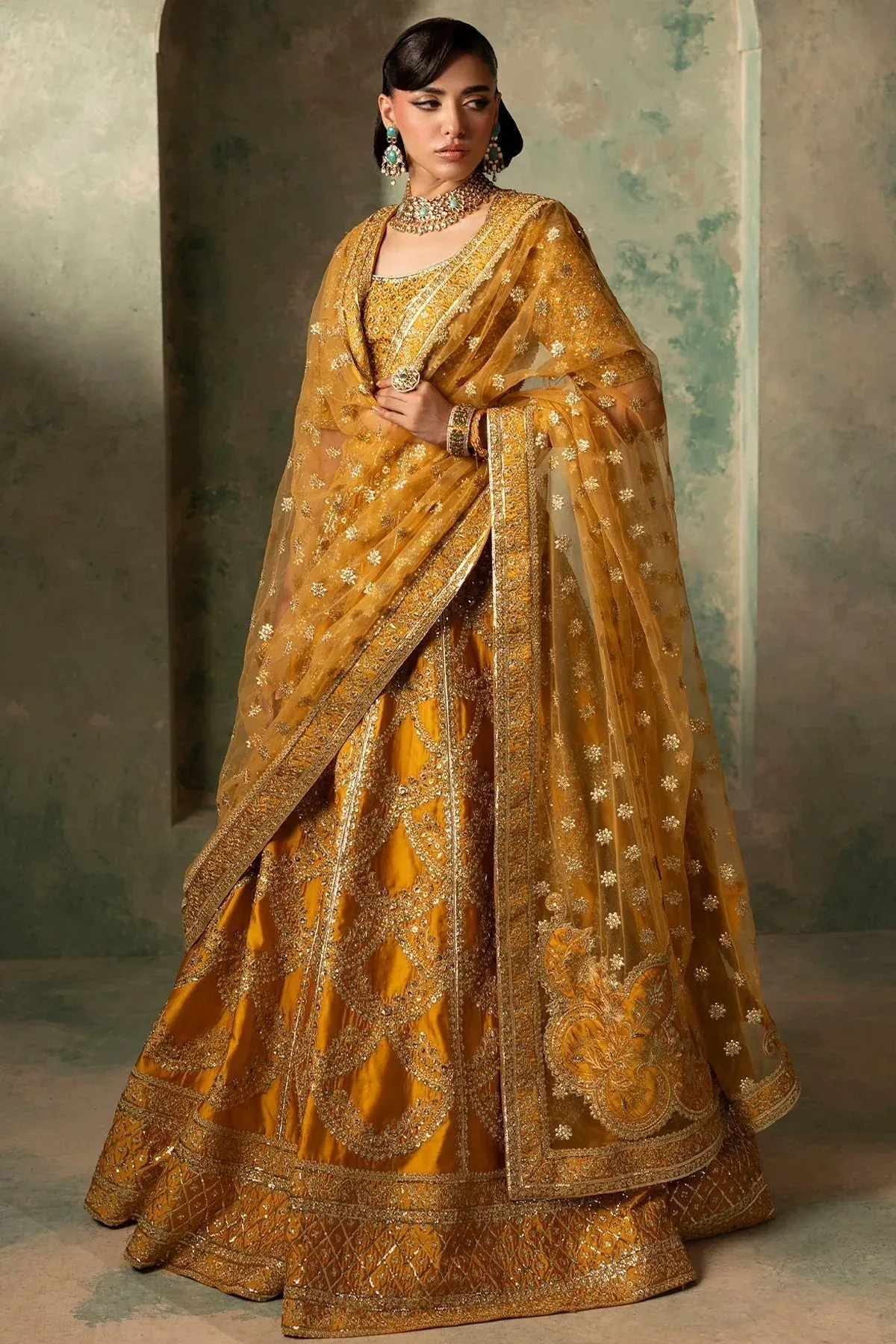 Mina Kashif Noor Jahan Wedding Formals Mustard Net – view 8 – Poshaq