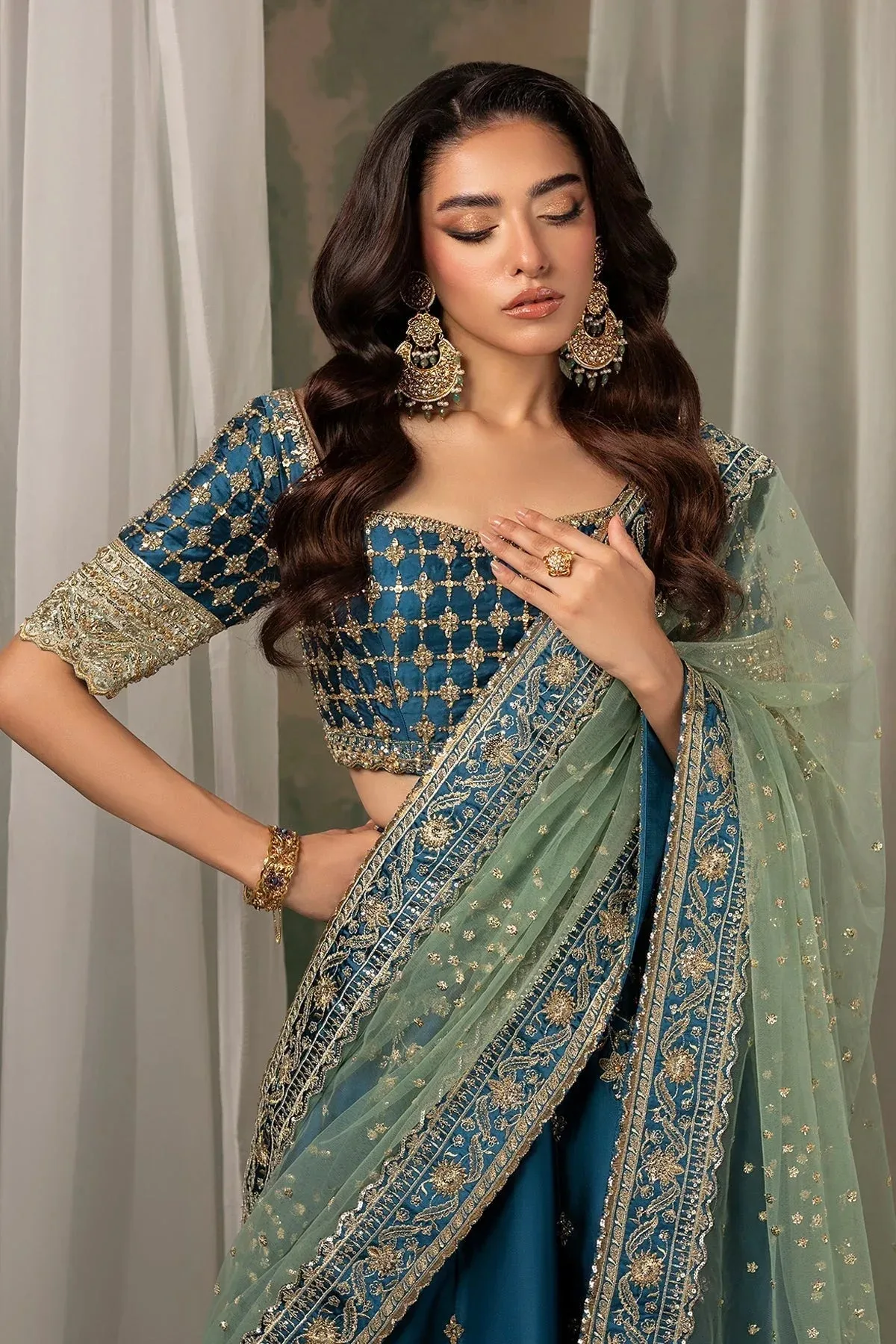 Mina Kashif Noor Jahan Wedding Formals Green Silk – view 9 – Poshaq