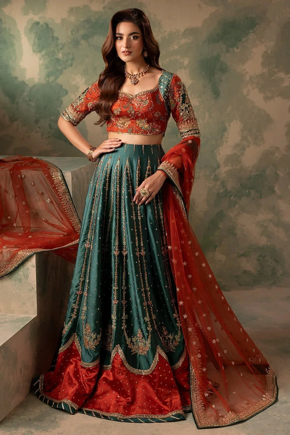 Mina Kashif Noor Jahan Wedding Formals Green Silk – view 3 – Poshaq