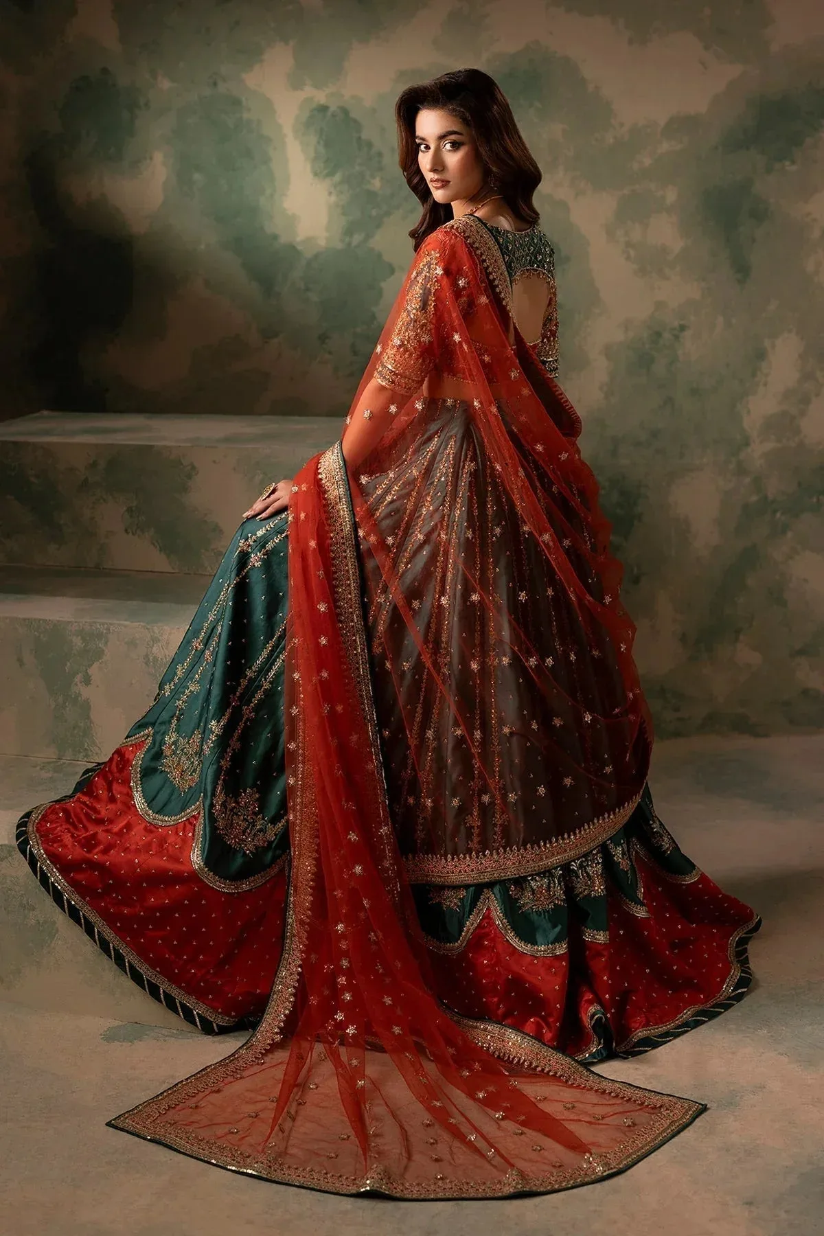 Mina Kashif Noor Jahan Wedding Formals Green Silk – view 9 – Poshaq