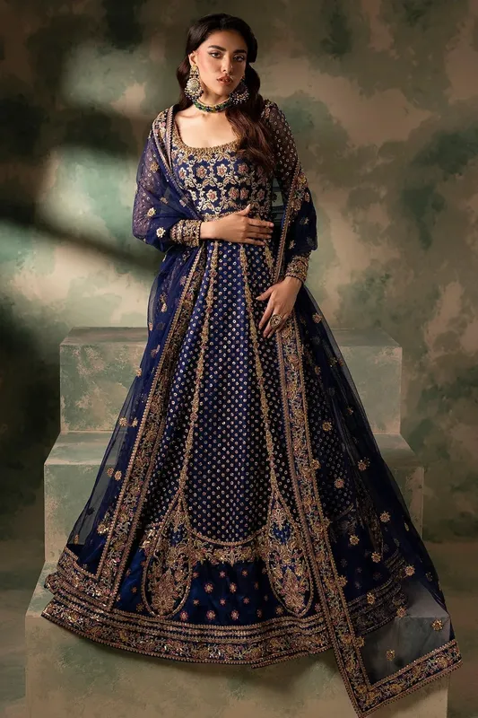Mina Kashif Noor Jahan Wedding Formals Blue Silk – view 1 – Poshaq