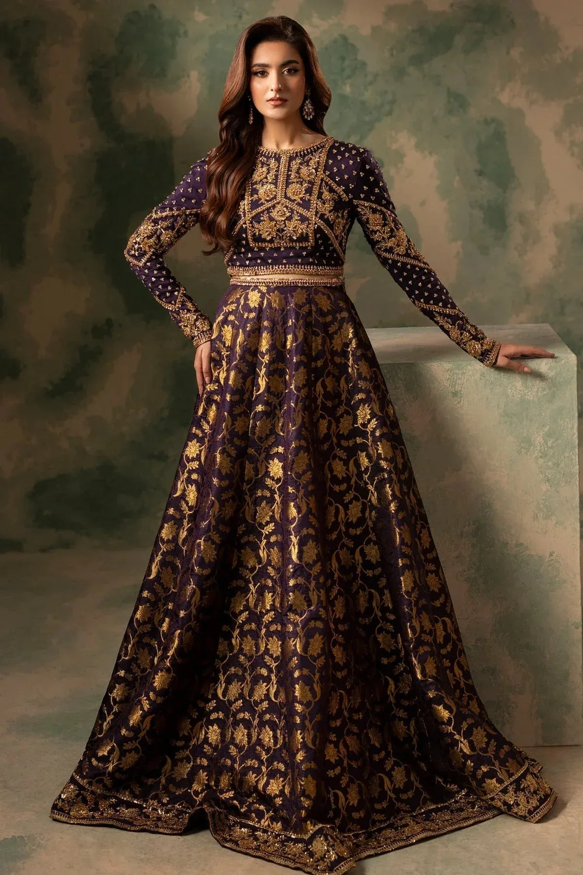 Mina Kashif Noor Jahan Wedding Formals Purple Banarsi – view 1 – Poshaq