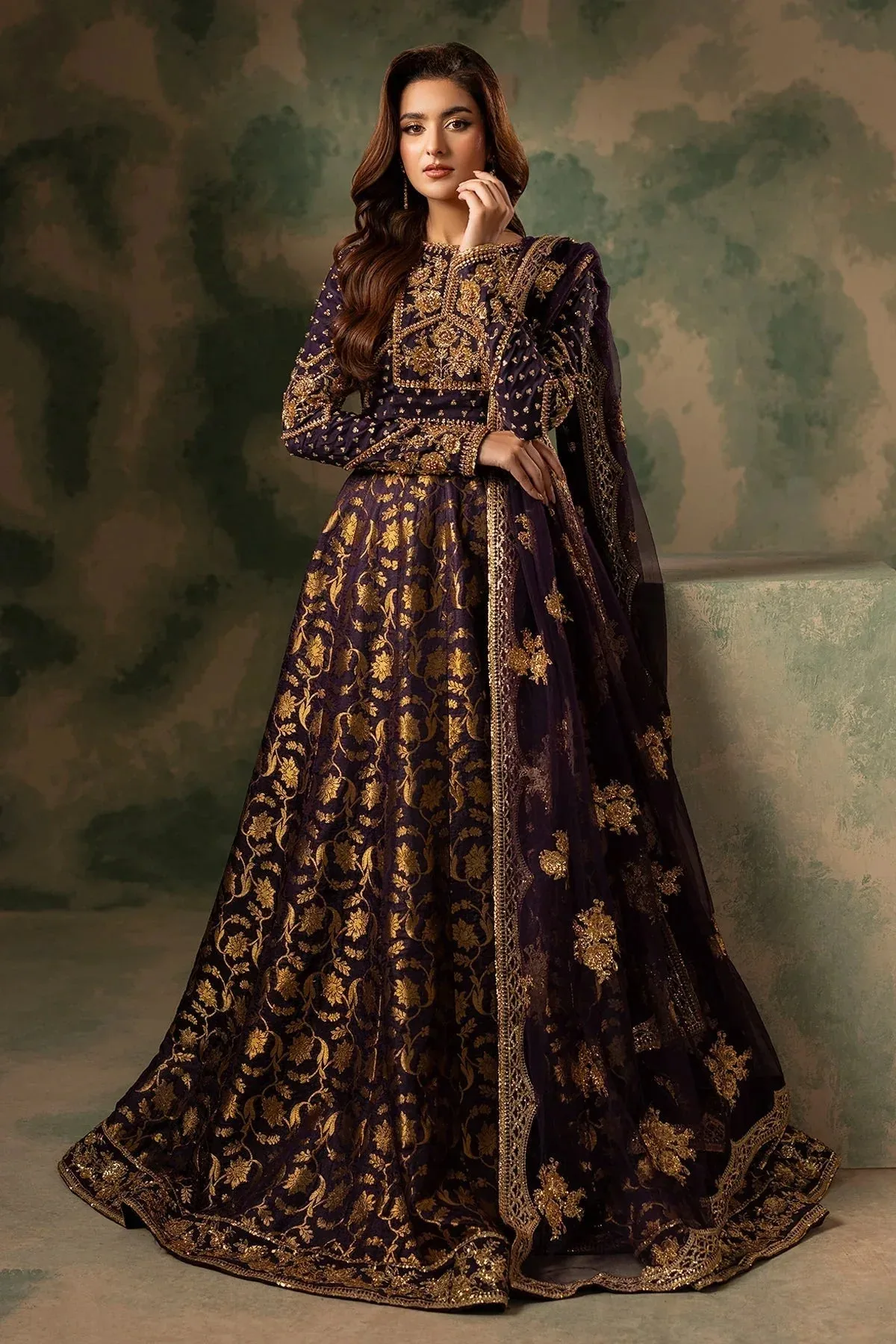 Mina Kashif Noor Jahan Wedding Formals Purple Banarsi – view 3 – Poshaq