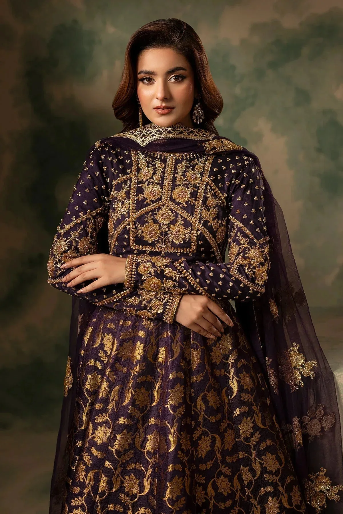 Mina Kashif Noor Jahan Wedding Formals Purple Banarsi – view 5 – Poshaq