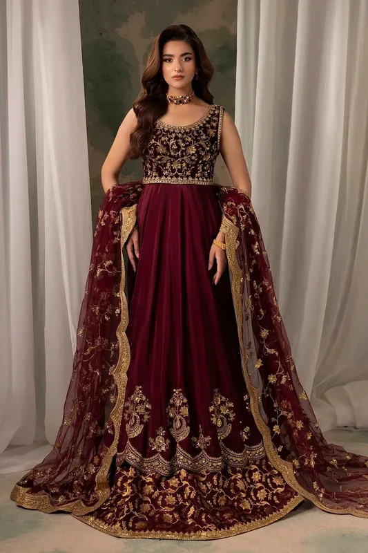 Mina Kashif Noor Jahan Wedding Formals Maroon Velvet – view 1 – Poshaq