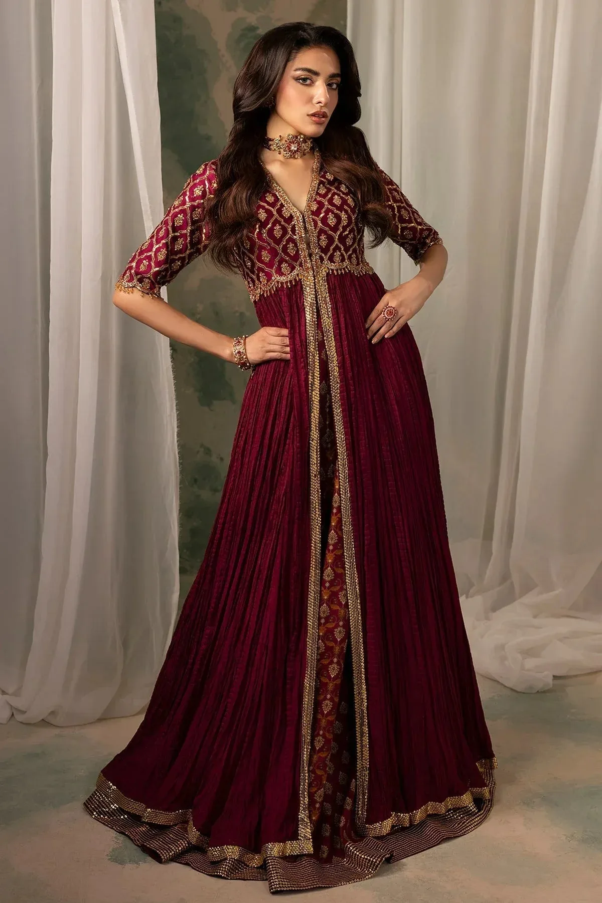 Mina Kashif Noor Jahan Wedding Formals Maroon Silk – view 1 – Poshaq