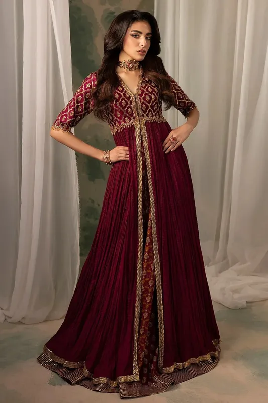 Mina Kashif Noor Jahan Wedding Formals Maroon Silk – view 1 – Poshaq