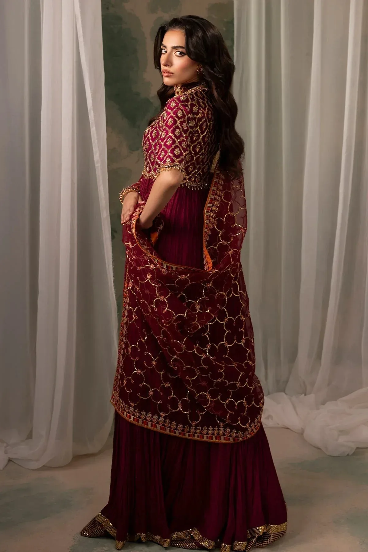 Mina Kashif Noor Jahan Wedding Formals Maroon Silk – view 2 – Poshaq