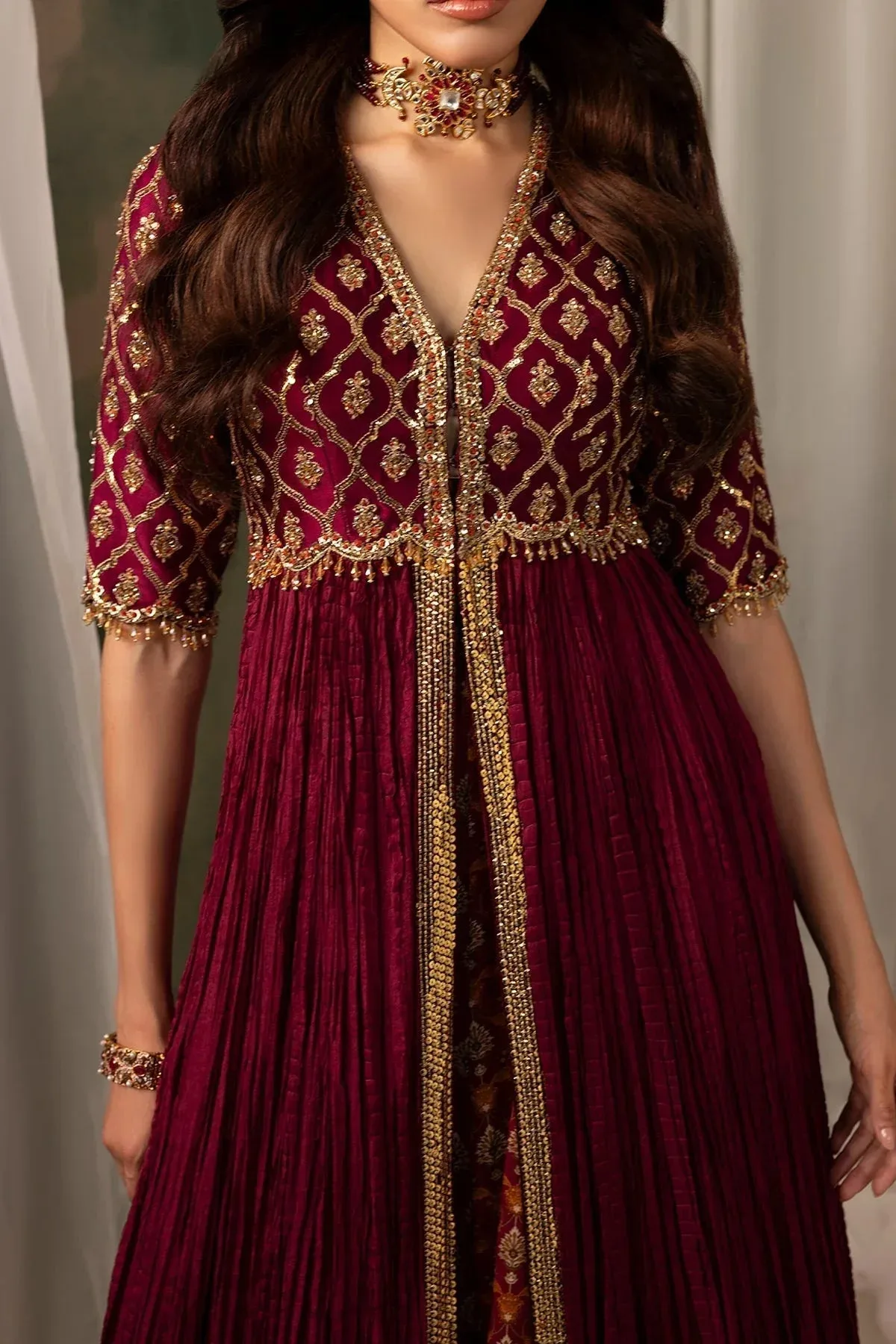 Mina Kashif Noor Jahan Wedding Formals Maroon Silk – view 3 – Poshaq