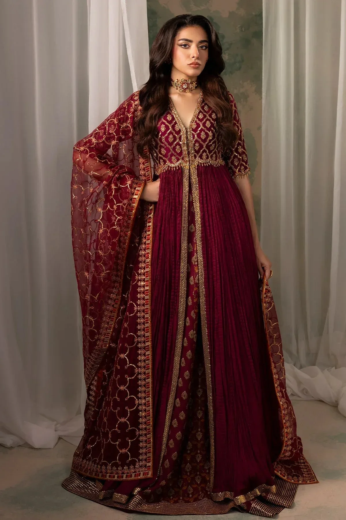 Mina Kashif Noor Jahan Wedding Formals Maroon Silk – view 5 – Poshaq