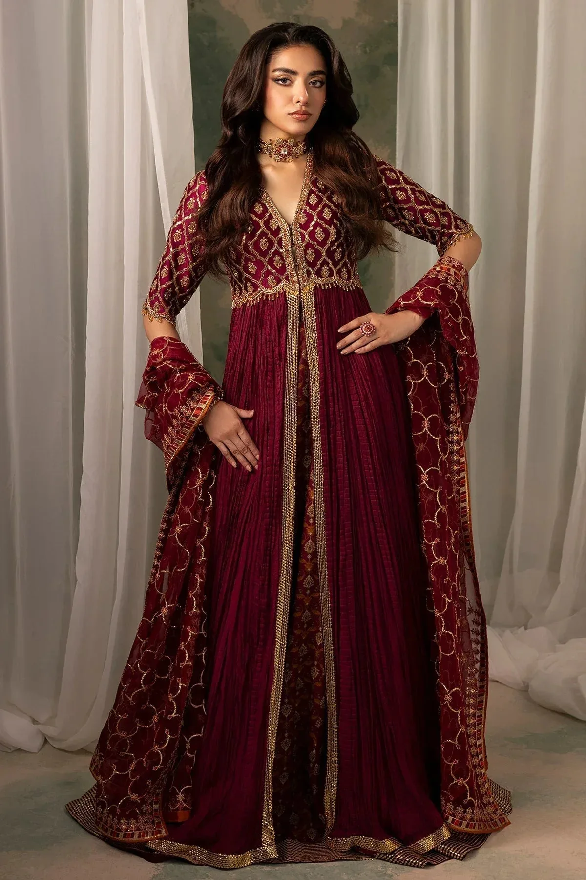 Mina Kashif Noor Jahan Wedding Formals Maroon Silk – view 6 – Poshaq