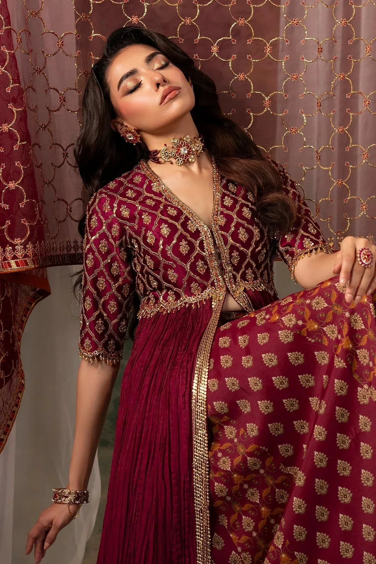 Mina Kashif Noor Jahan Wedding Formals Maroon Silk – view 7 – Poshaq