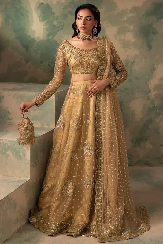 Mina Kashif Noor Jahan Wedding Formals Gold Velvet – view 1 – Poshaq