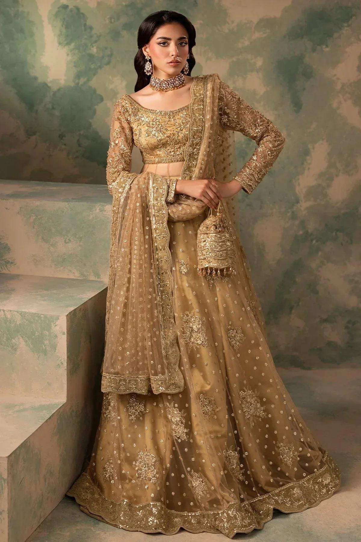 Mina Kashif Noor Jahan Wedding Formals Gold Velvet – view 3 – Poshaq