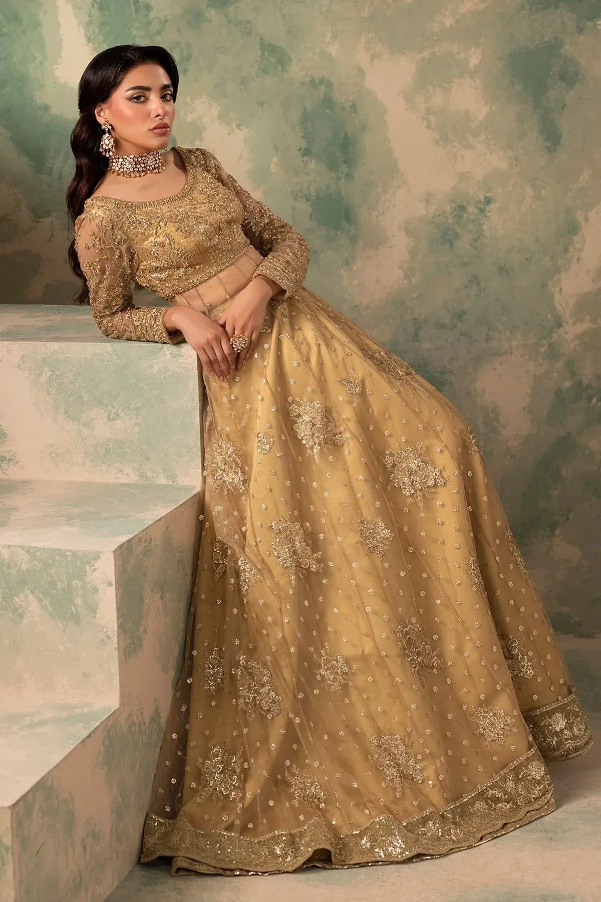 Mina Kashif Noor Jahan Wedding Formals Gold Velvet – view 9 – Poshaq