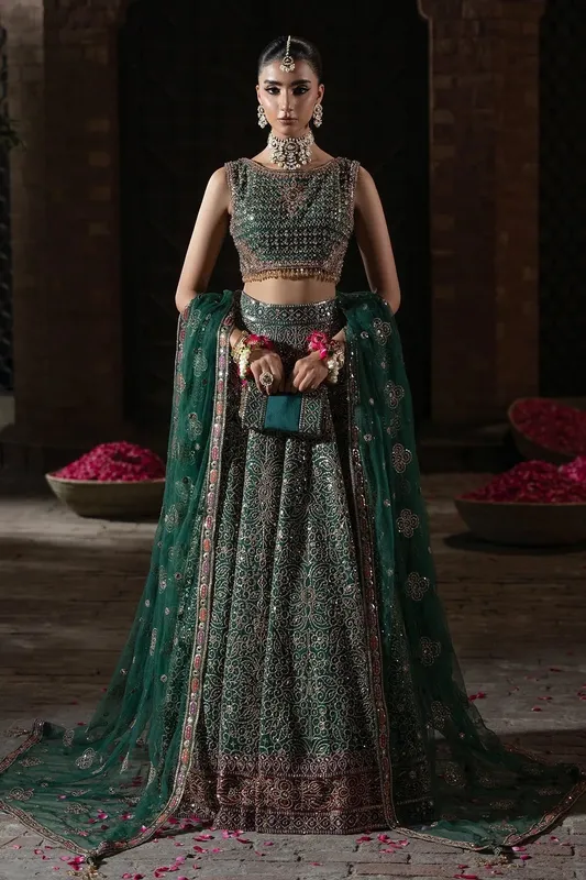 Mina Kashif Virsa Wedding Formals Dark Green Raw Silk – view 1 – Poshaq