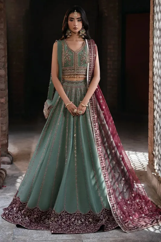 Mina Kashif Virsa Wedding Formals Sage Green Silk – view 1 – Poshaq