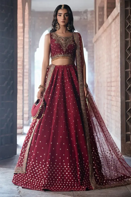 Mina Kashif Virsa Wedding Formals Maroon Silk – view 1 – Poshaq