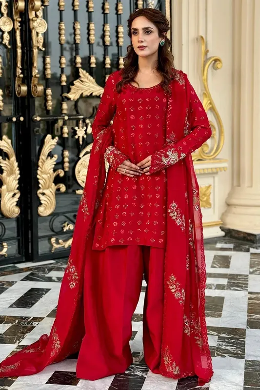 Mina Kashif Loona Lawn 25 Red Silk – view 1 – Poshaq
