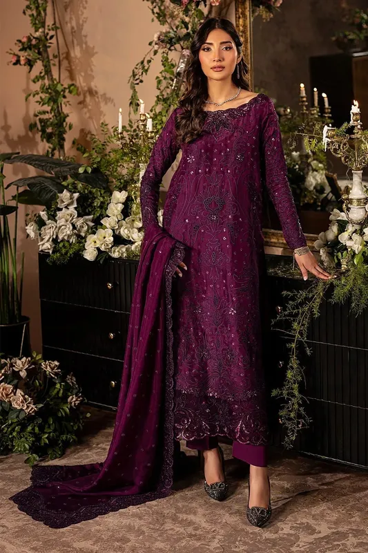 Mina Kashif Loona Lawn 25 Dark Purple Silk – view 1 – Poshaq