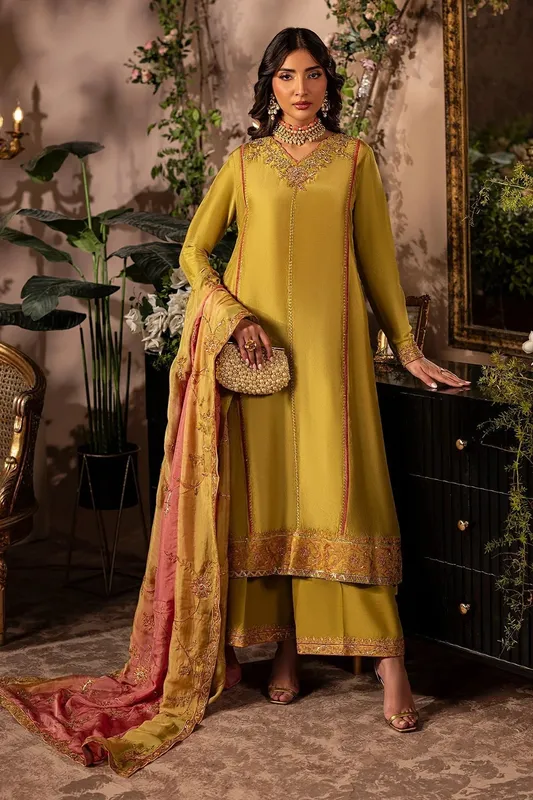 Mina Kashif Loona Lawn 25 Old Gold Silk – view 1 – Poshaq
