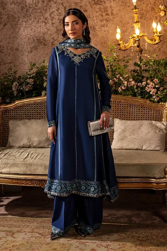 Mina Kashif Loona Lawn 25 Deep Blue Silk – view 1 – Poshaq