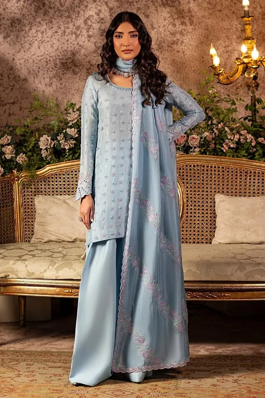 Mina Kashif Loona Lawn 25 Light Blue Gray Silk – view 1 – Poshaq
