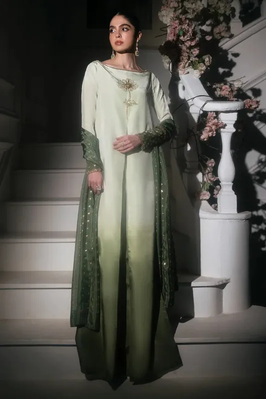 Mina Kashif Emilie Formals Green White Silk – view 1 – Poshaq
